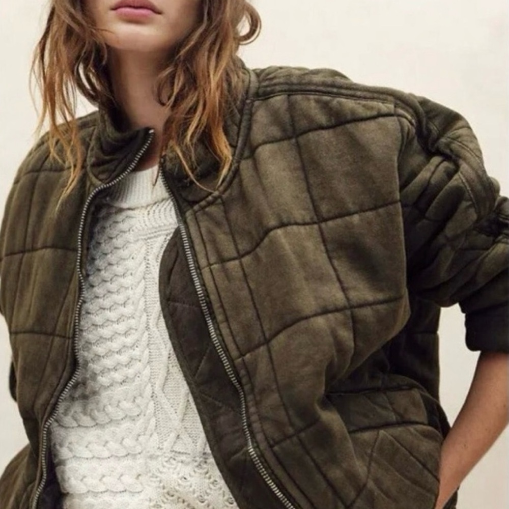 Free People Quilted Olive Bomber Jacket